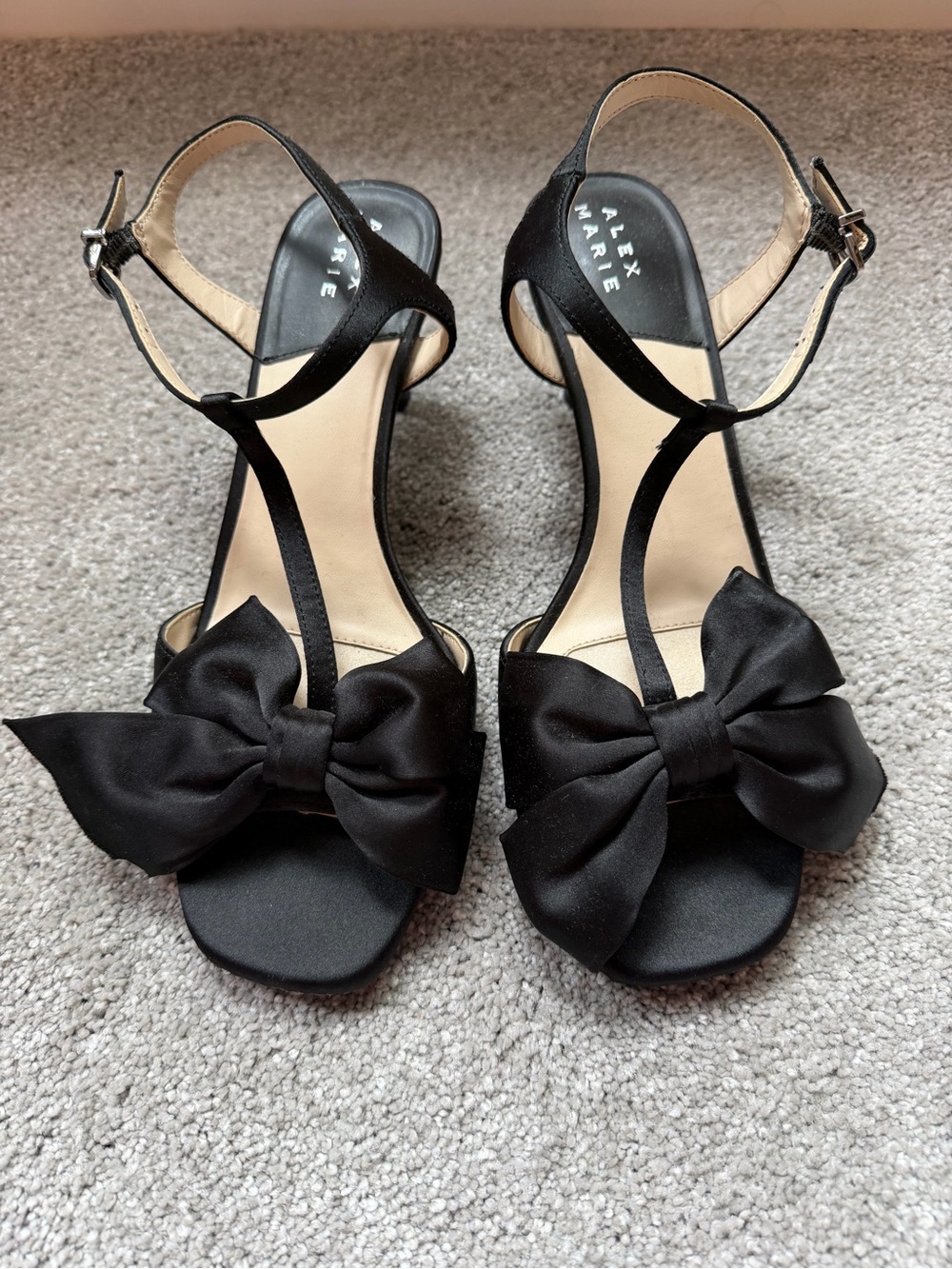 Alex Marie Black Satin Bow T-Strap Heeled Sandals